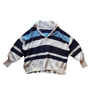 Aerie Women’s Blue White Navy Long Sleeve Quarter Zip Striped Pullover Sweater M